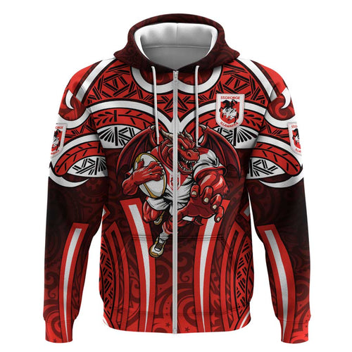 St George Illawarra Dragons Rugby Hoodie Polynesian Tribal Dragon Warrior Red Pattern