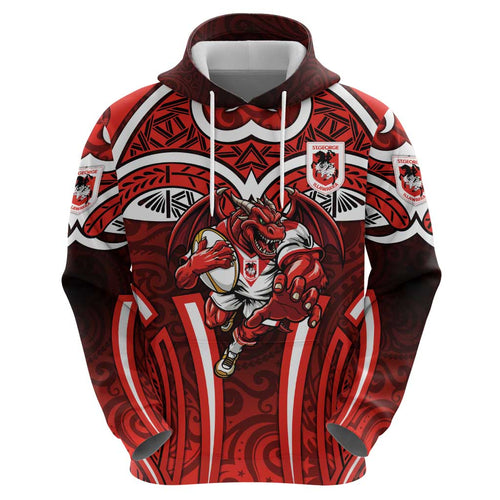 St George Illawarra Dragons Rugby Hoodie Polynesian Tribal Dragon Warrior Red Pattern