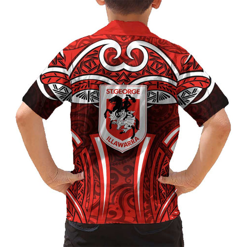St George Illawarra Dragons Rugby Kid Hawaiian Shirt Polynesian Tribal Dragon Warrior Red Pattern