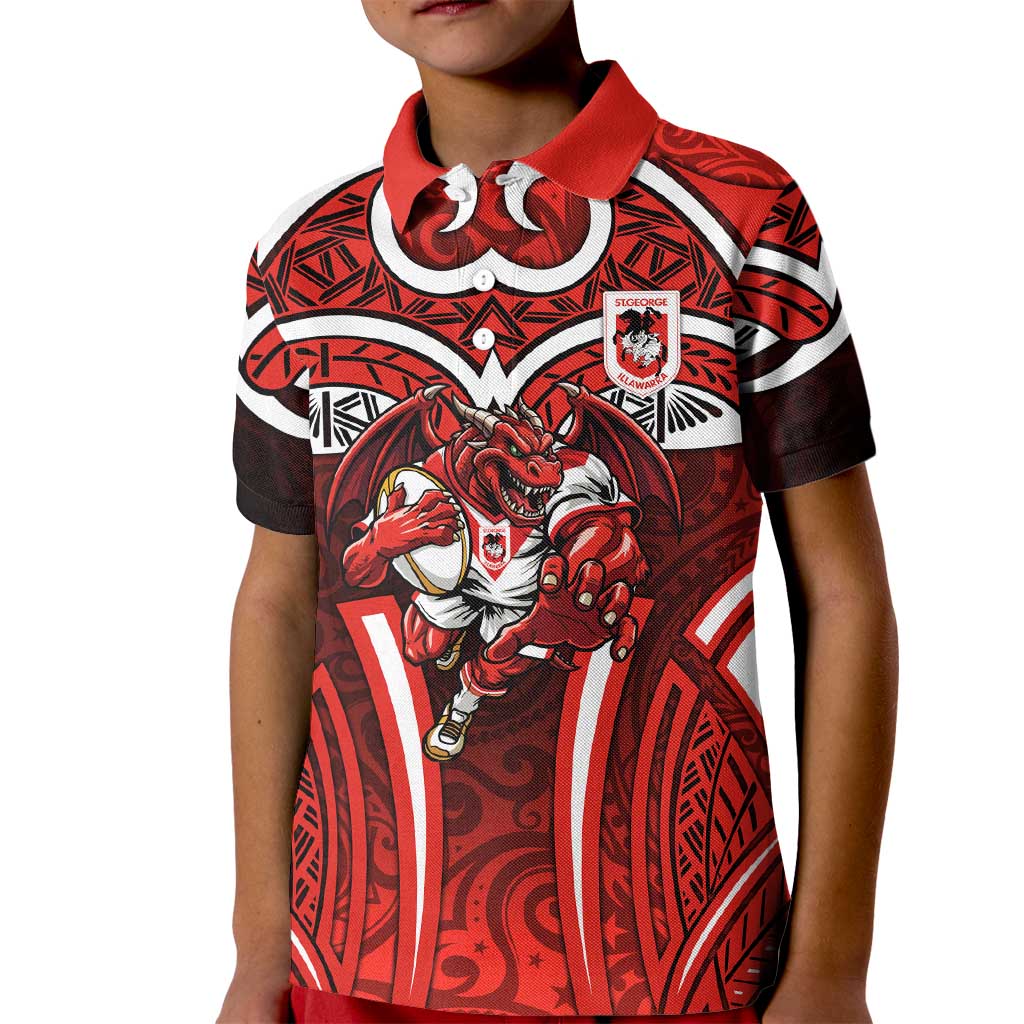 St George Illawarra Dragons Rugby Kid Polo Shirt Polynesian Tribal Dragon Warrior Red Pattern