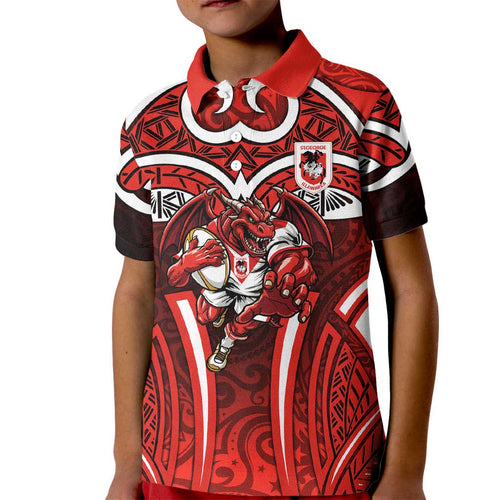 St George Illawarra Dragons Rugby Kid Polo Shirt Polynesian Tribal Dragon Warrior Red Pattern