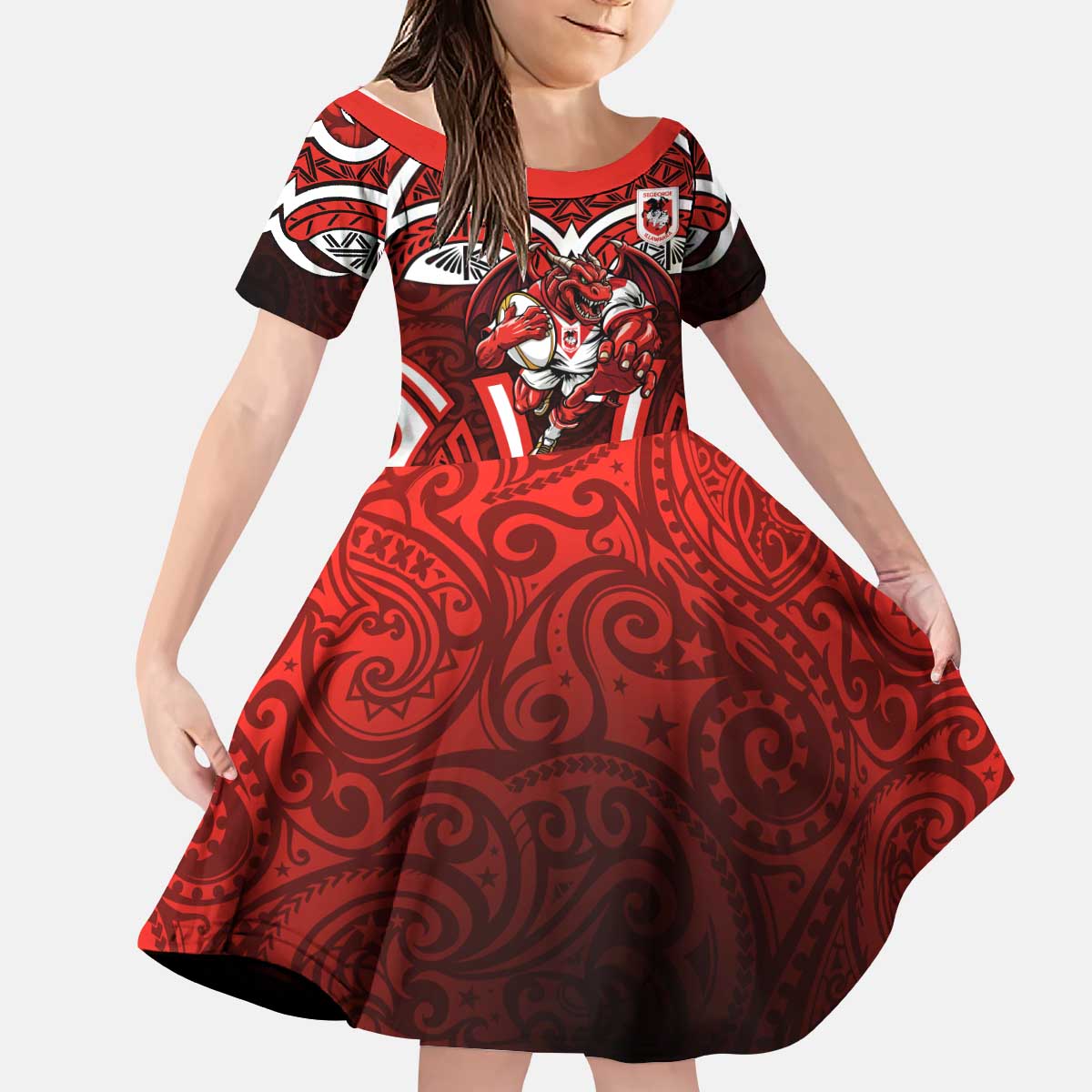St George Illawarra Dragons Rugby Kid Short Sleeve Dress Polynesian Tribal Dragon Warrior Red Pattern