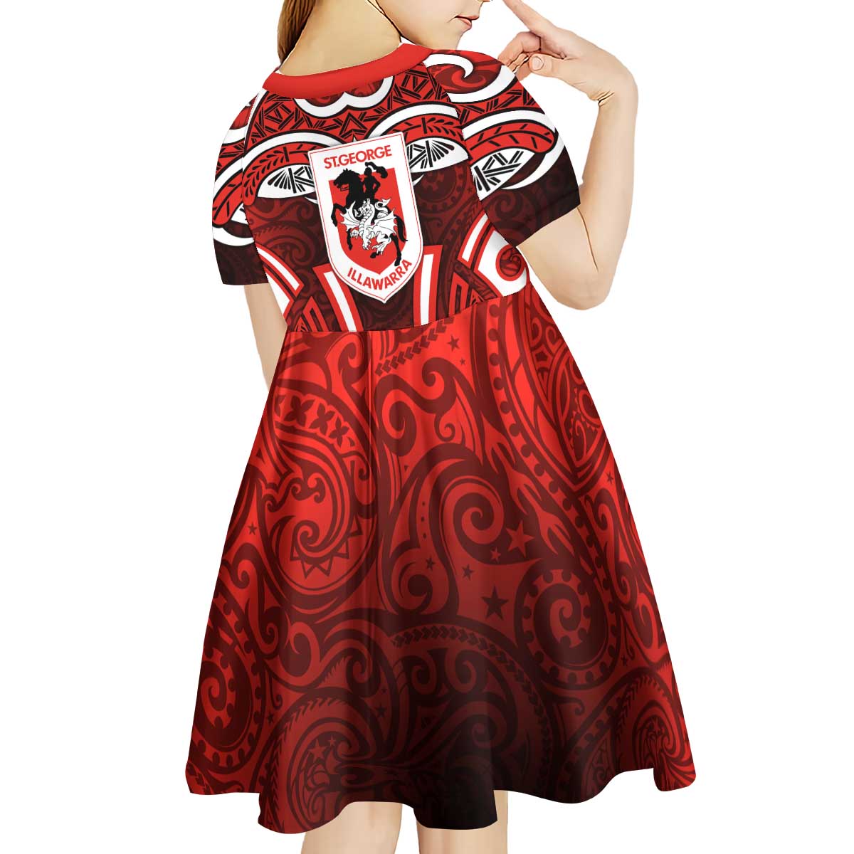 St George Illawarra Dragons Rugby Kid Short Sleeve Dress Polynesian Tribal Dragon Warrior Red Pattern