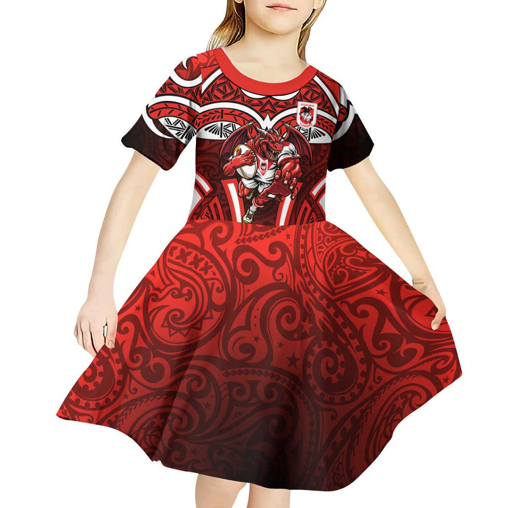 St George Illawarra Dragons Rugby Kid Short Sleeve Dress Polynesian Tribal Dragon Warrior Red Pattern