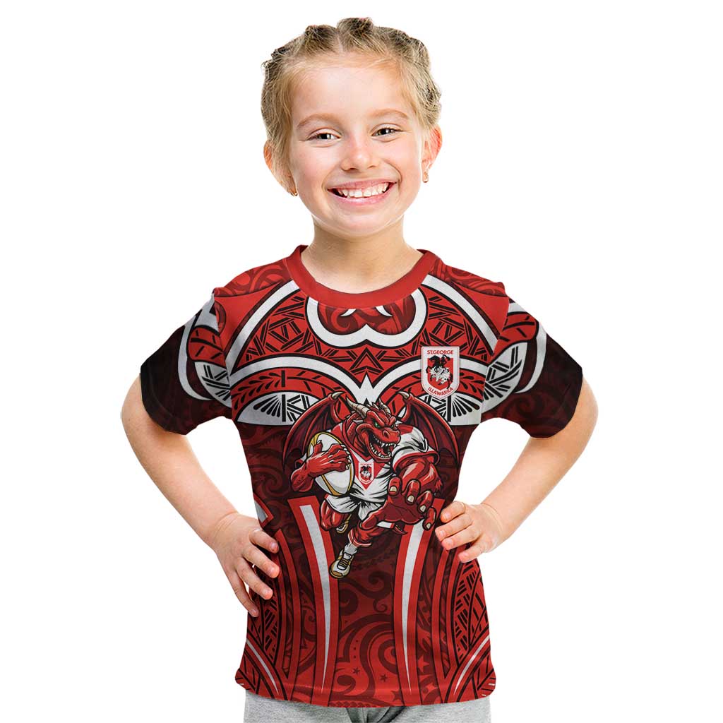 St George Illawarra Dragons Rugby Kid T Shirt Polynesian Tribal Dragon Warrior Red Pattern