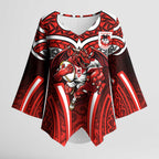 St George Illawarra Dragons Rugby Kimono Sleeve Blouse Polynesian Tribal Dragon Warrior Red Pattern