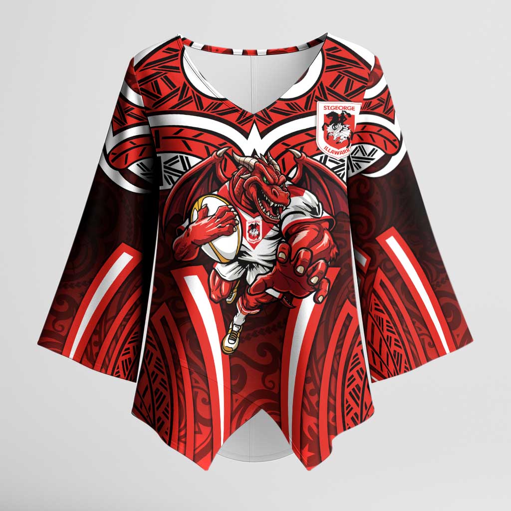 St George Illawarra Dragons Rugby Kimono Sleeve Blouse Polynesian Tribal Dragon Warrior Red Pattern