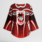 St George Illawarra Dragons Rugby Kimono Sleeve Blouse Polynesian Tribal Dragon Warrior Red Pattern