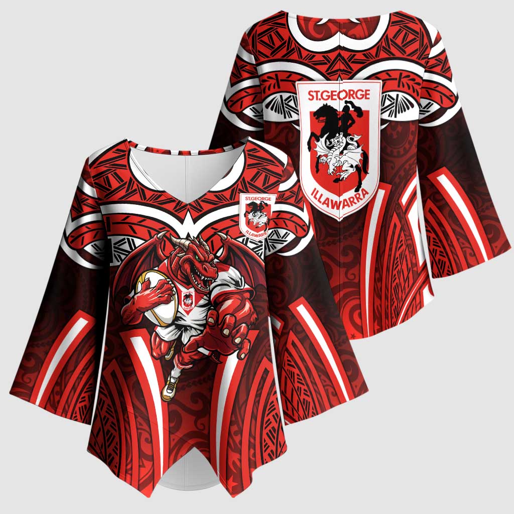 St George Illawarra Dragons Rugby Kimono Sleeve Blouse Polynesian Tribal Dragon Warrior Red Pattern