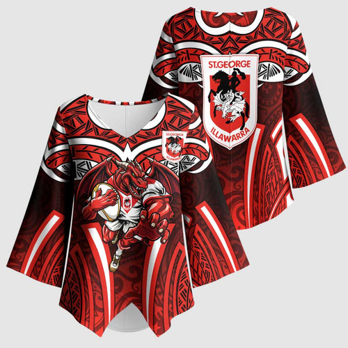 St George Illawarra Dragons Rugby Kimono Sleeve Blouse Polynesian Tribal Dragon Warrior Red Pattern