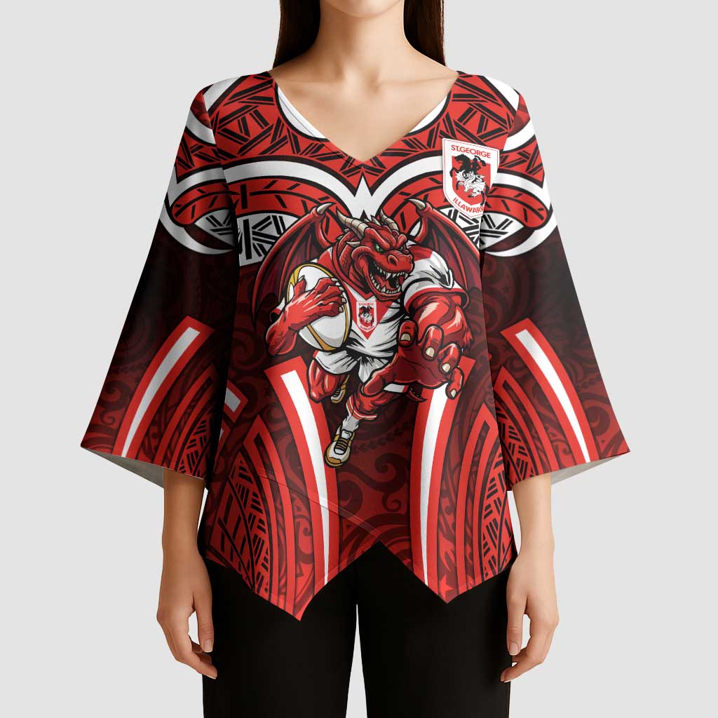 St George Illawarra Dragons Rugby Kimono Sleeve Blouse Polynesian Tribal Dragon Warrior Red Pattern