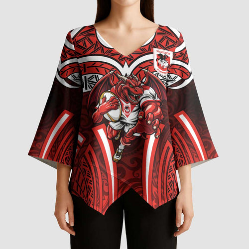 St George Illawarra Dragons Rugby Kimono Sleeve Blouse Polynesian Tribal Dragon Warrior Red Pattern