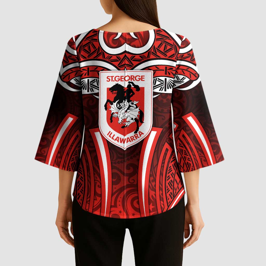 St George Illawarra Dragons Rugby Kimono Sleeve Blouse Polynesian Tribal Dragon Warrior Red Pattern