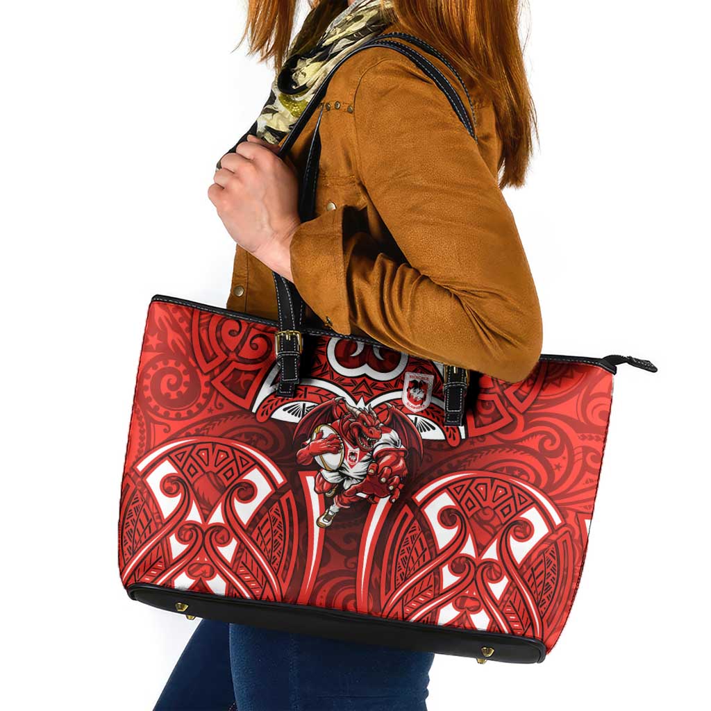 St George Illawarra Dragons Rugby Leather Tote Bag Polynesian Tribal Dragon Warrior Red Pattern