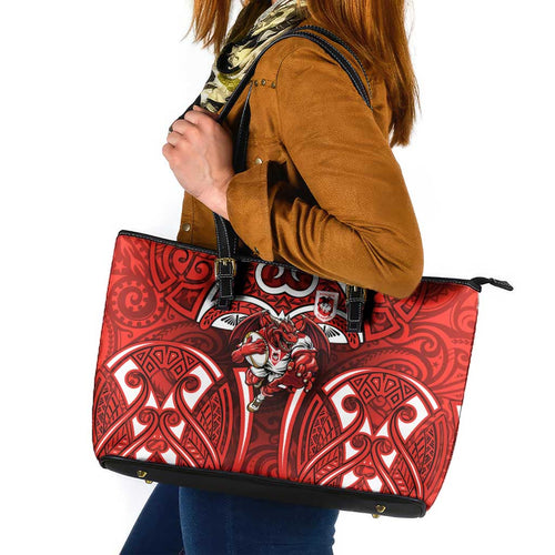 St George Illawarra Dragons Rugby Leather Tote Bag Polynesian Tribal Dragon Warrior Red Pattern