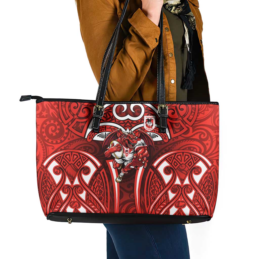 St George Illawarra Dragons Rugby Leather Tote Bag Polynesian Tribal Dragon Warrior Red Pattern