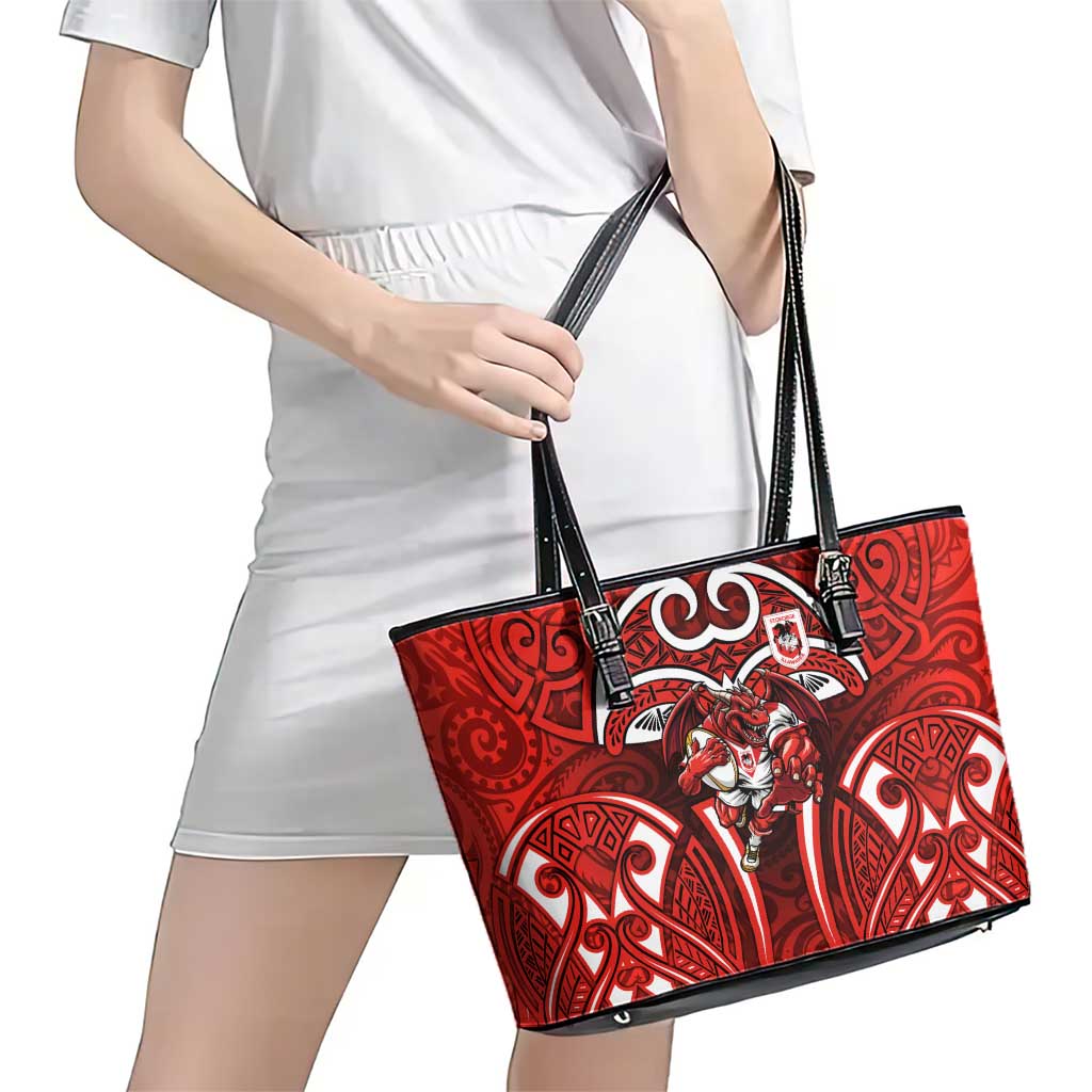 St George Illawarra Dragons Rugby Leather Tote Bag Polynesian Tribal Dragon Warrior Red Pattern