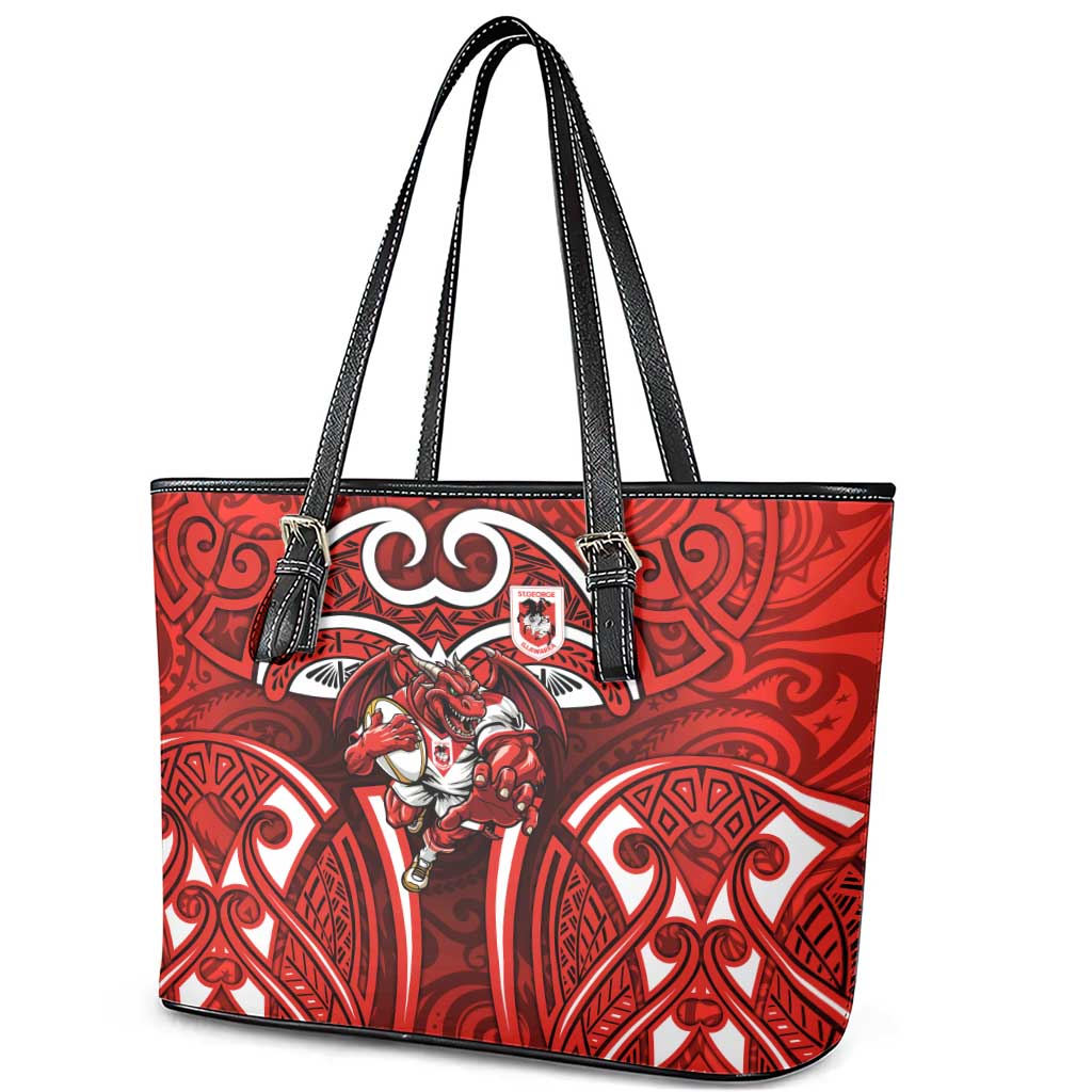 St George Illawarra Dragons Rugby Leather Tote Bag Polynesian Tribal Dragon Warrior Red Pattern
