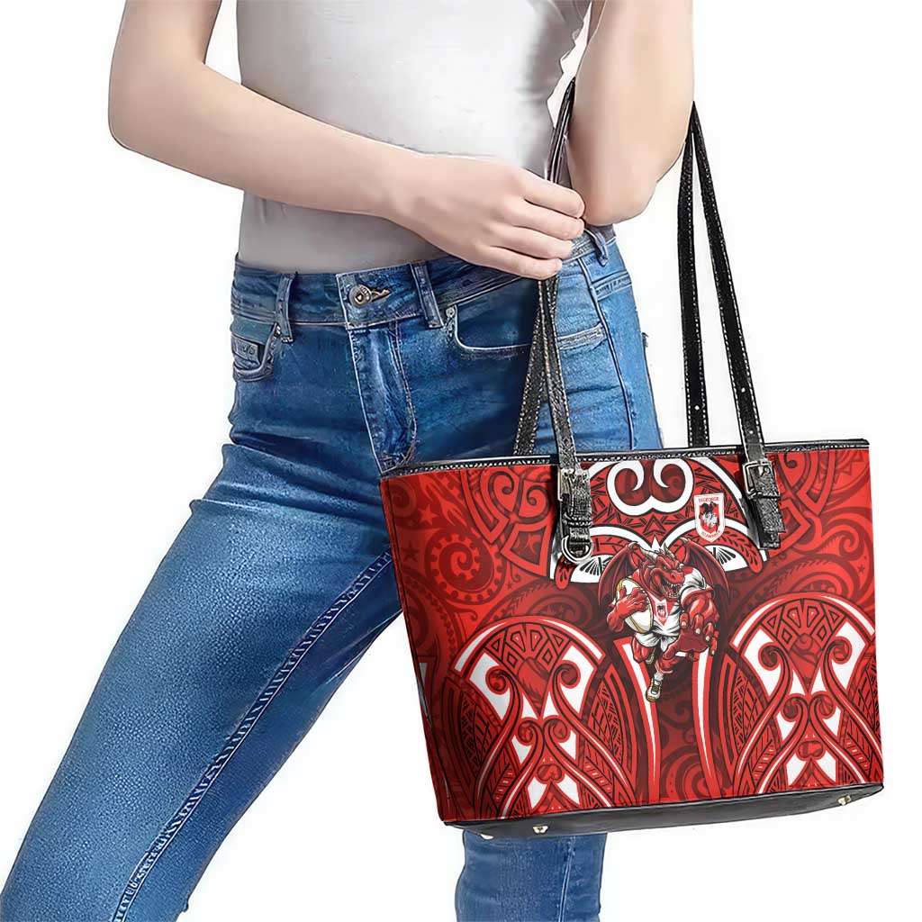 St George Illawarra Dragons Rugby Leather Tote Bag Polynesian Tribal Dragon Warrior Red Pattern