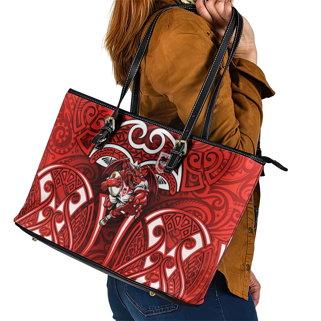 St George Illawarra Dragons Rugby Leather Tote Bag Polynesian Tribal Dragon Warrior Red Pattern
