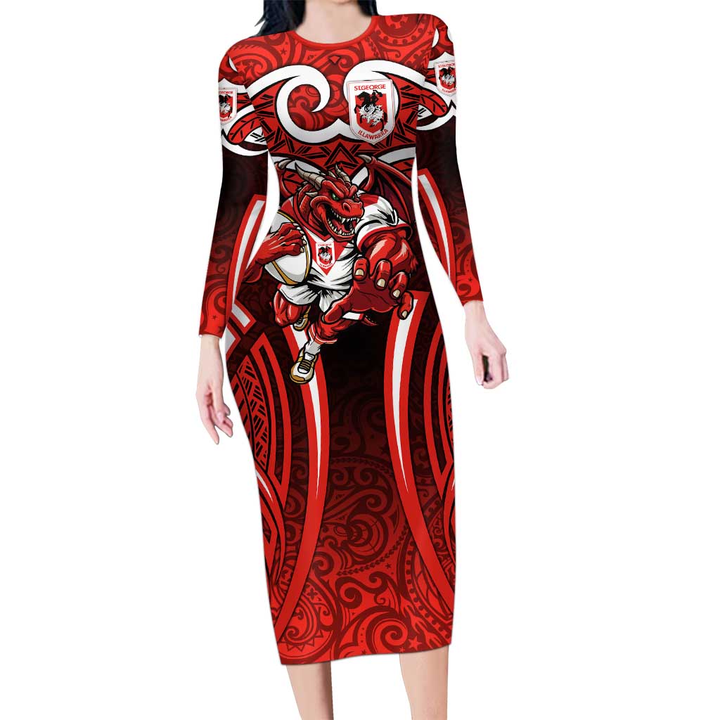 St George Illawarra Dragons Rugby Long Sleeve Bodycon Dress Polynesian Tribal Dragon Warrior Red Pattern