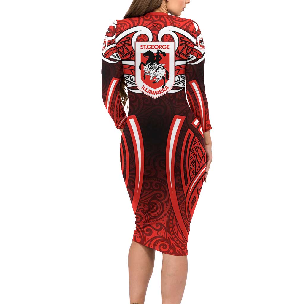 St George Illawarra Dragons Rugby Long Sleeve Bodycon Dress Polynesian Tribal Dragon Warrior Red Pattern
