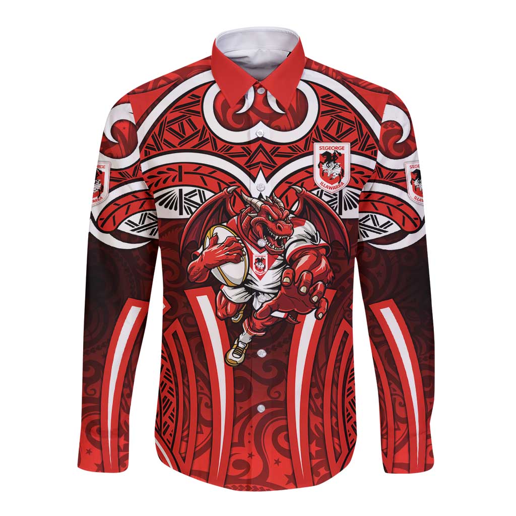 St George Illawarra Dragons Rugby Long Sleeve Button Shirt Polynesian Tribal Dragon Warrior Red Pattern