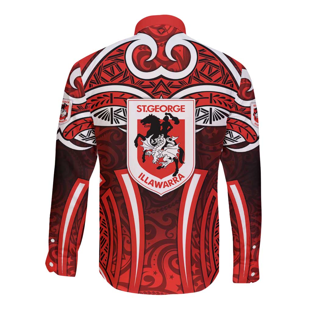 St George Illawarra Dragons Rugby Long Sleeve Button Shirt Polynesian Tribal Dragon Warrior Red Pattern