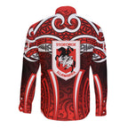 St George Illawarra Dragons Rugby Long Sleeve Button Shirt Polynesian Tribal Dragon Warrior Red Pattern
