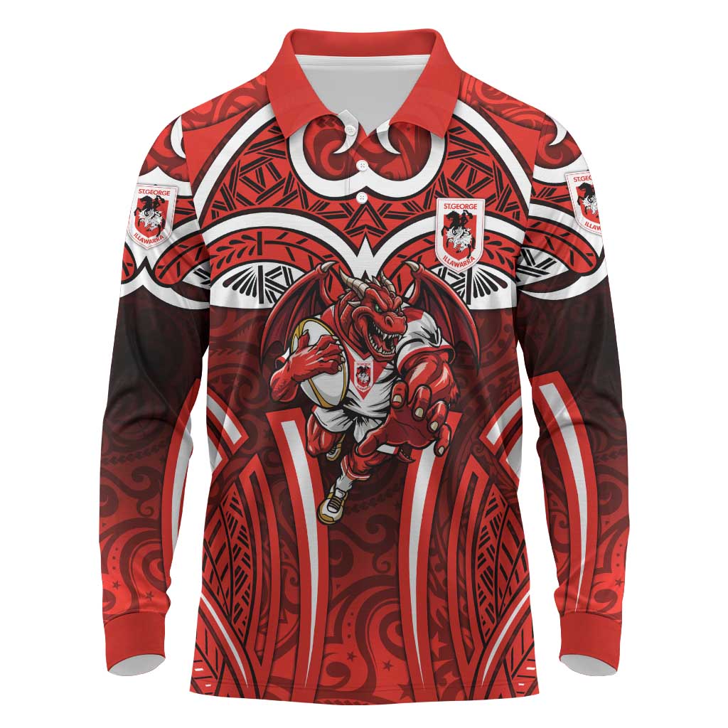 St George Illawarra Dragons Rugby Long Sleeve Polo Shirt Polynesian Tribal Dragon Warrior Red Pattern