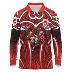 St George Illawarra Dragons Rugby Long Sleeve Polo Shirt Polynesian Tribal Dragon Warrior Red Pattern