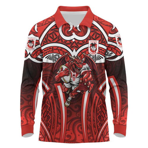St George Illawarra Dragons Rugby Long Sleeve Polo Shirt Polynesian Tribal Dragon Warrior Red Pattern