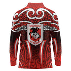 St George Illawarra Dragons Rugby Long Sleeve Polo Shirt Polynesian Tribal Dragon Warrior Red Pattern