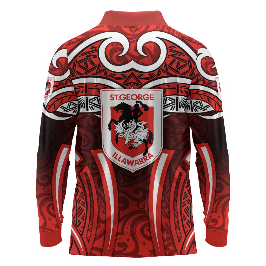 St George Illawarra Dragons Rugby Long Sleeve Polo Shirt Polynesian Tribal Dragon Warrior Red Pattern
