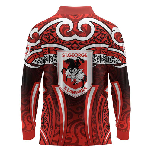 St George Illawarra Dragons Rugby Long Sleeve Polo Shirt Polynesian Tribal Dragon Warrior Red Pattern