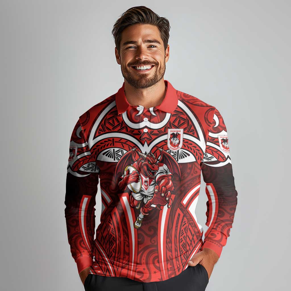 St George Illawarra Dragons Rugby Long Sleeve Polo Shirt Polynesian Tribal Dragon Warrior Red Pattern