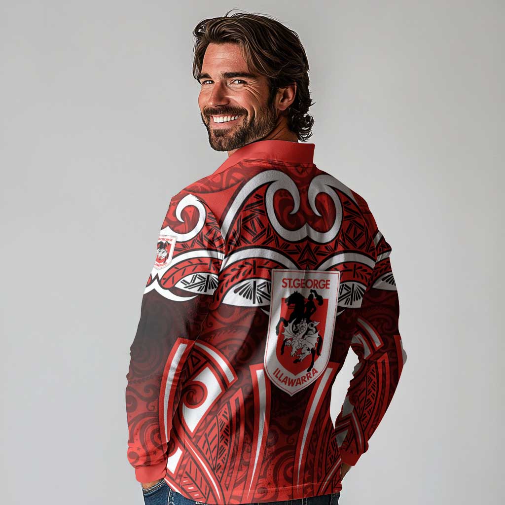 St George Illawarra Dragons Rugby Long Sleeve Polo Shirt Polynesian Tribal Dragon Warrior Red Pattern
