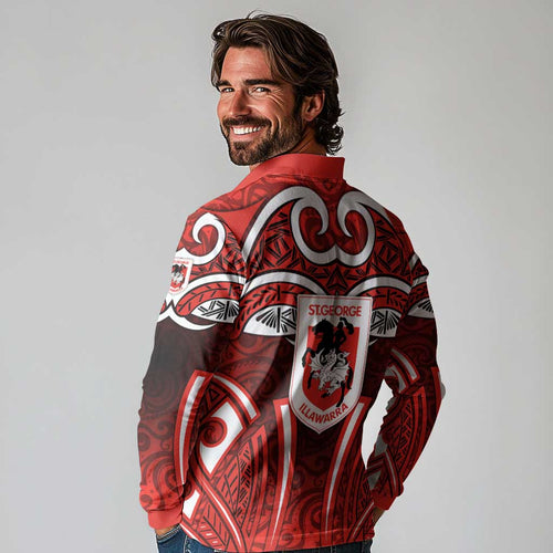 St George Illawarra Dragons Rugby Long Sleeve Polo Shirt Polynesian Tribal Dragon Warrior Red Pattern