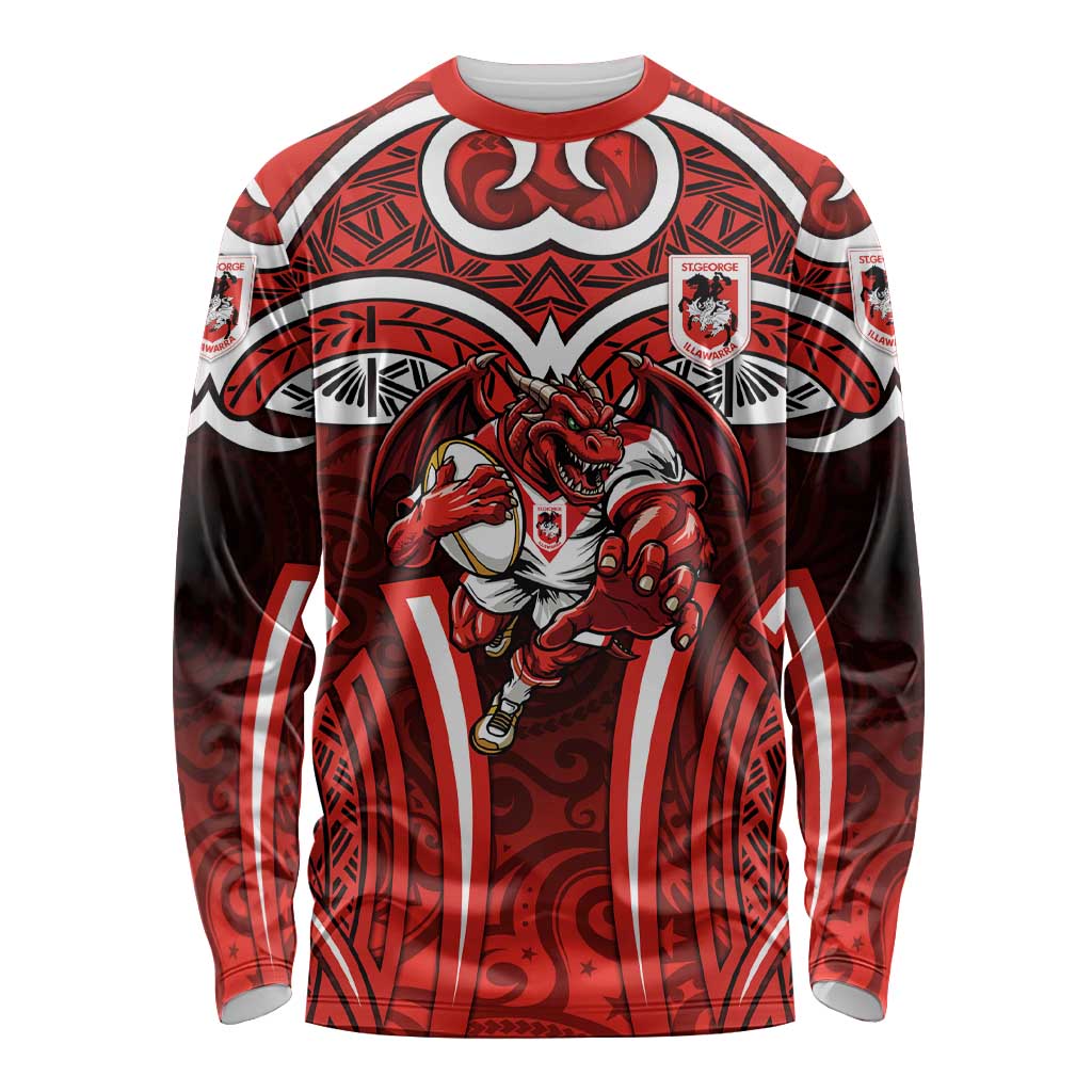 St George Illawarra Dragons Rugby Long Sleeve Shirt Polynesian Tribal Dragon Warrior Red Pattern