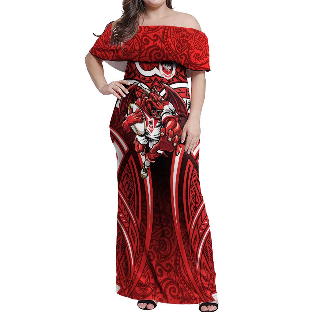 St George Illawarra Dragons Rugby Off Shoulder Maxi Dress Polynesian Tribal Dragon Warrior Red Pattern