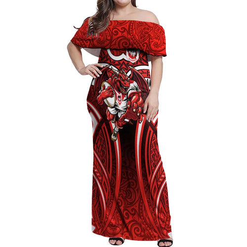 St George Illawarra Dragons Rugby Off Shoulder Maxi Dress Polynesian Tribal Dragon Warrior Red Pattern