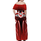 St George Illawarra Dragons Rugby Off Shoulder Maxi Dress Polynesian Tribal Dragon Warrior Red Pattern