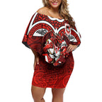 St George Illawarra Dragons Rugby Off Shoulder Short Dress Polynesian Tribal Dragon Warrior Red Pattern