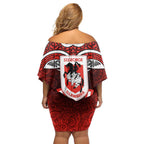 St George Illawarra Dragons Rugby Off Shoulder Short Dress Polynesian Tribal Dragon Warrior Red Pattern