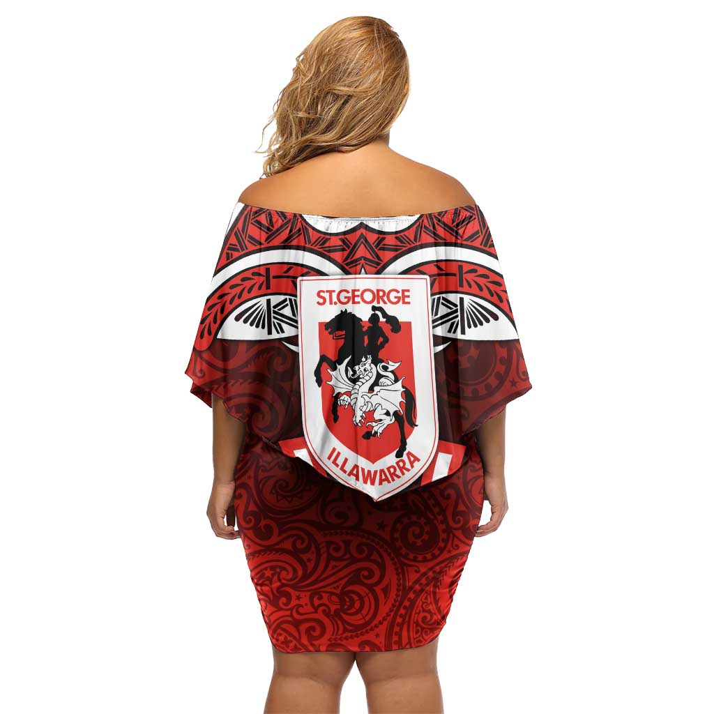St George Illawarra Dragons Rugby Off Shoulder Short Dress Polynesian Tribal Dragon Warrior Red Pattern
