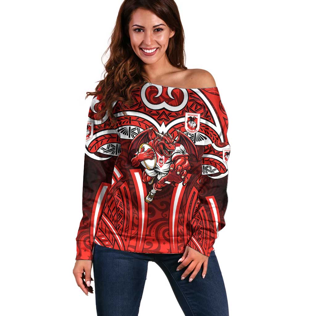 St George Illawarra Dragons Rugby Off Shoulder Sweater Polynesian Tribal Dragon Warrior Red Pattern