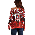 St George Illawarra Dragons Rugby Off Shoulder Sweater Polynesian Tribal Dragon Warrior Red Pattern