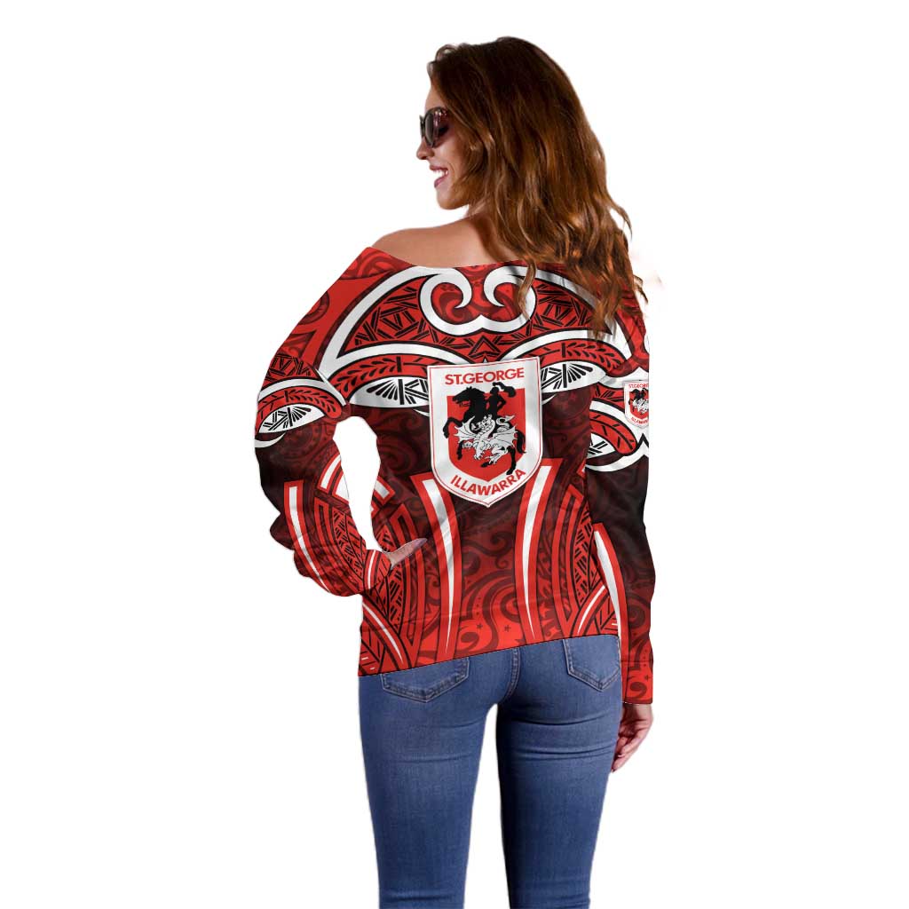 St George Illawarra Dragons Rugby Off Shoulder Sweater Polynesian Tribal Dragon Warrior Red Pattern