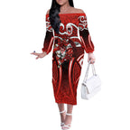 St George Illawarra Dragons Rugby Off The Shoulder Long Sleeve Dress Polynesian Tribal Dragon Warrior Red Pattern