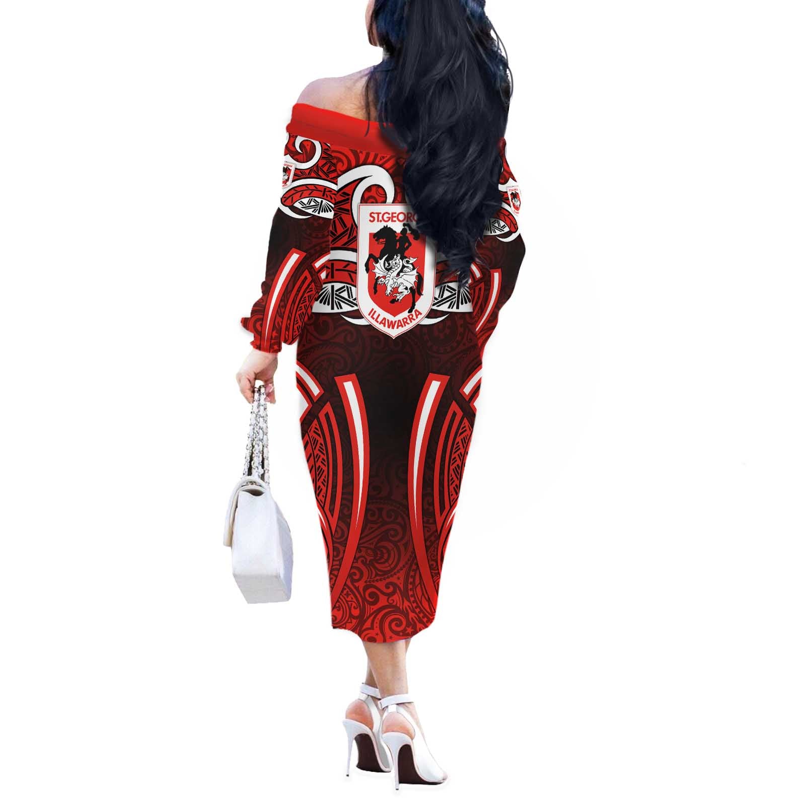 St George Illawarra Dragons Rugby Off The Shoulder Long Sleeve Dress Polynesian Tribal Dragon Warrior Red Pattern